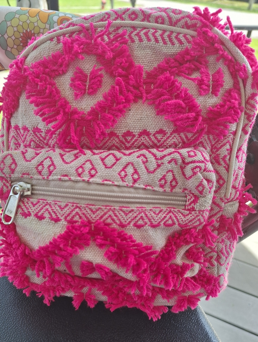 Source Unknown Pink and Beige Mini Fringe Backpack